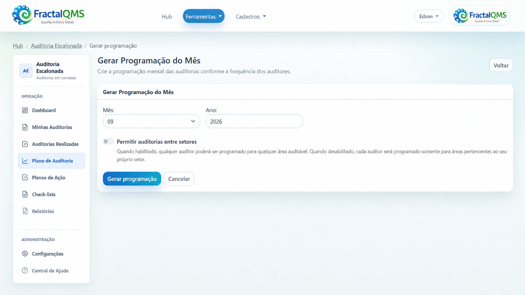 Tela de programação das auditorias na Auditoria Escalonada, com auditorias previstas, responsáveis e status