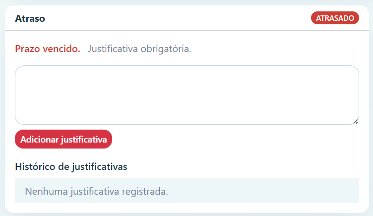 Tela de registro de justificativa de atraso no Fast Response